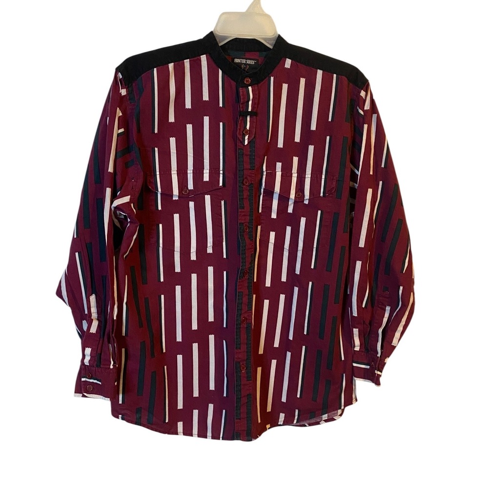 Frontier Series Mens Vintage Western Shirt Mandarin Collar Red Stripe FS7012E L